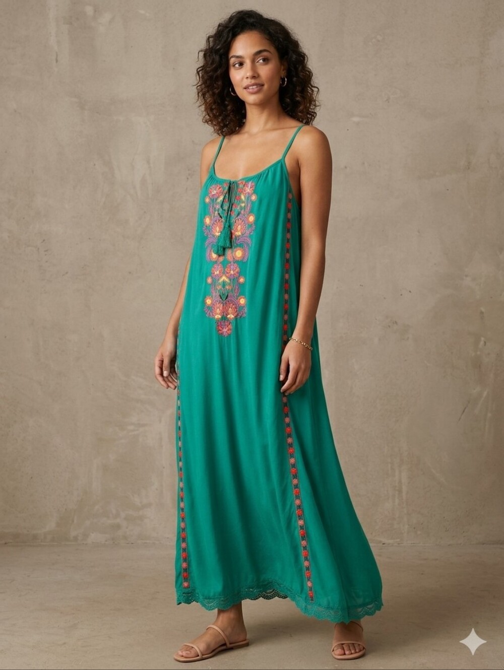 Sundance embroidered Boho green cami camisole long A line flowy summer dress XL